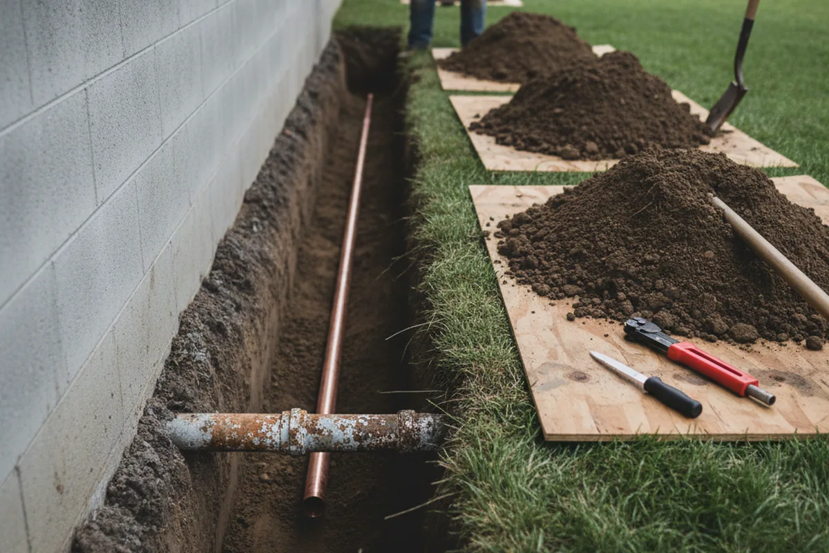 Excavated water line trench during Sewer Line Repair in Zillah
